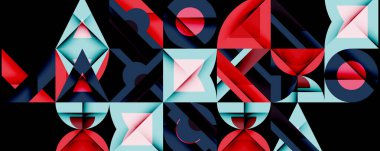 Soyut geometrik bileşim. Şekiller çakışıyor, dinamik görsel etki yaratıyor. Kırmızı, mavi, cyan renkleri dizaynın hakimi.