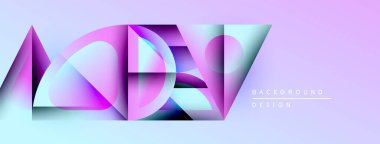 Soyut geometrik şekiller örtüşüyor, canlı renk eğimleri yaratıyor. Arka planda yumuşak lavanta ve deniz mavisi renkleri var. Modern tasarım elemanları.