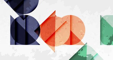 Soyut geometrik bileşim. Şekiller örtüşüyor, dinamik görsel doku oluşturuyor. Renkler arasında mavi, kırmızı, yeşil, gri var. Modern tasarım elemanları.