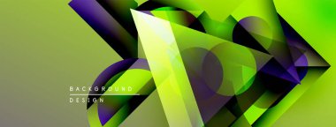 Soyut geometrik şekiller örtüşür, canlı gradyanlar yaratır. Yeşil, mor renkler dizaynın hakimi, dinamik hareket.