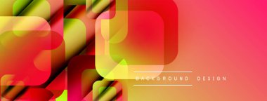 Soyut geometrik şekiller örtüşür, canlı gradyanlar yaratır. Kırmızı, sarı, yeşil renkler tasarımda baskın. Modern estetik.