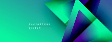 Soyut gradyan arkaplan özellikleri çakışan üçgenler. Canlı turkuaz, yeşil, mor renkler dinamik görsel efekt yaratır. Mevcut en küçük metin.