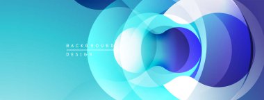 Soyut daireler çakışıyor ve sıvı şekiller oluşturuyor. Mavi, turkuaz renkler tasarımda baskın. Modern, minimalist estetik.