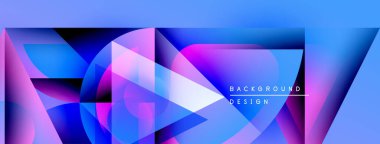 Soyut geometrik şekiller canlı mavileri, morları ve pembeleri harmanlarlar. Modern tasarım katmanlı yarı şeffaf formlar yaratarak dinamik görsel efekt yaratır..