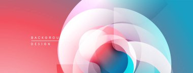 Soyut tasarım özellikleri üst üste binen şeffaf daireler. Renkli, mavi, beyaz, dinamik görsel efekt. Modern arkaplan.