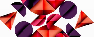 Soyut geometrik bileşim. Şekiller örtüşüyor, canlı renk farklılıkları yaratıyor. Kırmızı, mor renkler tasarımda baskın. Minimalist stil.