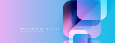 Soyut geometrik şekiller örtüşür, canlı bir gradyan arkaplan oluşturur. Mor, mavi renkler tasarıma egemen, modern estetik.