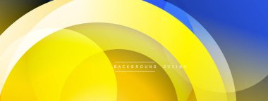 Soyut arkaplan özellikleri üst üste binen sarı, beyaz, mavi daireler. Gradyan gölgeler dinamik görsel efekt yaratır. Modern tasarım ögesi.