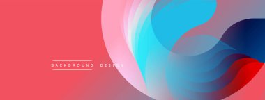 Soyut sıvı şekilleri örtüşür ve canlı renk değişimleri yaratır. Kırmızı sol tarafa hükmediyor, maviye ve pembeye geçiyor. Modern tasarım ögesi.