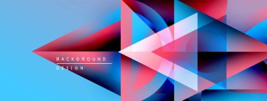Soyut geometrik şekiller örtüşüyor, canlı mavi ve kırmızı renkler yaratıyor. Modern tasarım hareket, enerji ve yenilik öneriyor. Arkaplanda metin ögeleri.