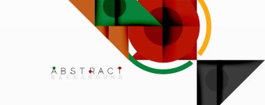 Soyut geometrik tasarım. Üst üste binen şekiller, canlı renkler, modern kompozisyon. Minimalist tarz, temiz çizgiler, dinamik görsel etki.