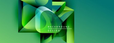 Soyut geometrik şekiller örtüşür, canlı yeşil gradyan arkaplan oluşturur. Metin arka plan tasarımı okur. Modern, temiz estetik.