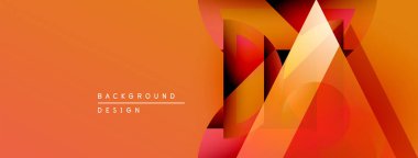 Soyut geometrik şekiller örtüşür, canlı turuncu tasarım yaratır. Modern arkaplan özellikleri katmanlı üçgenler, gradyanlar, dinamik bileşim.