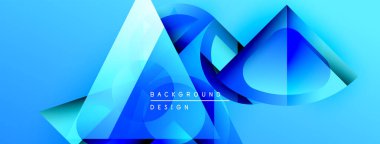 Soyut mavi tasarım, üst üste binen geometrik şekiller. Gradyan renkler dinamik görsel efekt yaratır. Çeşitli projeler için modern arkaplan.