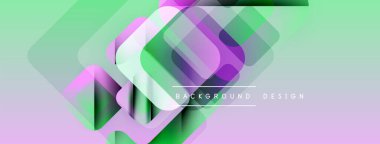 Soyut geometrik şekiller çakışıyor. Değişik renkler mordan yeşile karışıyor. Arkaplan ve sunumlar için modern tasarım ögesi.