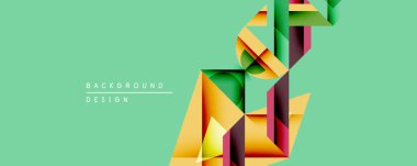 Soyut geometrik tasarım katmanlı şekiller, canlı renkler içerir. Nane arkaplanı turuncu, yeşil ve mor elementleri tamamlar. Dijital projeler için modern estetik.