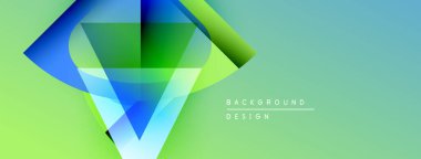 Soyut geometrik şekiller örtüşür, canlı gradyanlar yaratır. Açık mavi, yeşil renkler tasarımda baskın. Metin arkaplan tasarımı okur.