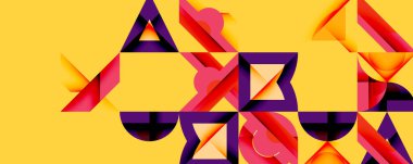 Soyut geometrik şekiller örtüşür ve canlı bir bileşim yaratır. Sarı arka plan mor, pembe elementlerle çelişiyor. Modern tasarım.