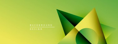 Soyut geometrik şekiller çakışıyor, dinamik gradyanlar yaratıyor. Sarı, yeşil renkler kompozisyona hakim. Minimalist tasarım, modern estetik.