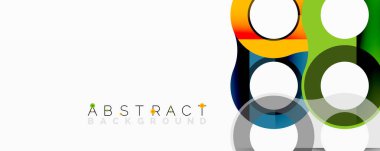 Modern tasarım üst üste binen daireler, kareler içerir. Parlak renkler beyaz zemin üzerinde dinamik görsel efekt yaratır. Basit, temiz estetik..