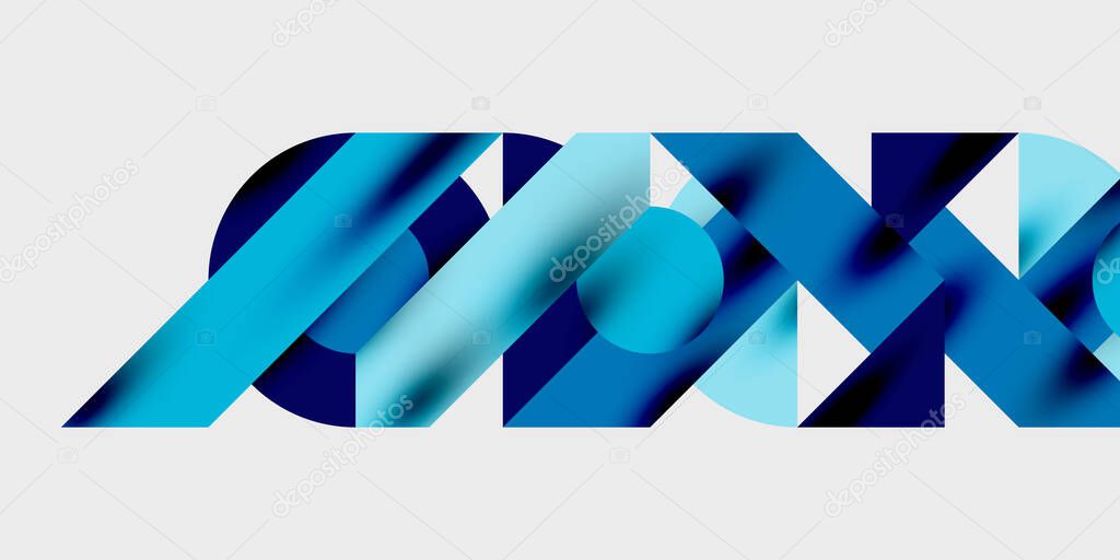 Abstract graphic design features layered blue shapes forming letterforms. Modern aesthetic, clean lines, minimalist composition.