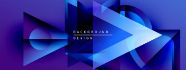 Soyut geometrik şekiller, canlı mavi renkler, dinamik kompozisyon. Modern tasarım elementleri geleceksel görsel etki yaratır.