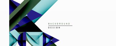 Soyut geometrik şekiller örtüşür, dinamik bileşim yaratır. Koyu mavi, yeşiller beyaz alanla tezat oluşturuyor. Modern tasarım derinliği ve hareketi çağrıştırıyor. Minimalist estetik.