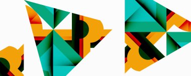 Soyut geometrik şekiller örtüşür, dinamik bileşim yaratır. Teal, turuncu, siyah renkler tasarımda baskın. Minimalist stil.