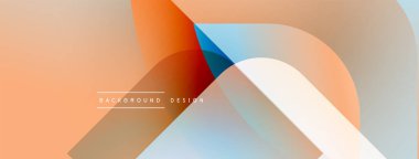 Soyut geometrik şekiller çakışıyor, yumuşak renk eğimleri yaratıyor. Şeftali, turuncu, mavi renkler tasarımda baskın. Minimalist stil.