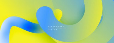 Soyut sıvı şekilleri örtüşür, canlı gradyanlar yaratır. Sarılar, maviler, yeşiller düzgün bir şekilde harmanlanır. Modern tasarım ögesi.