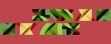 Soyut geometrik şekiller üst üste binerek katmanlı görsel efekt yaratır. Renkler arasında yeşil, sarı, siyah arkaplan kırmızı.