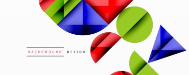 Soyut geometrik şekiller çakışıyor. Mavi, kırmızı, yeşil daireler, üçgenler dinamik bileşim oluşturur. Minimalist tasarım, modern estetik.