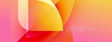 Soyut geometrik şekiller örtüşür, parlak turuncu, sarı ve pembe renkler yaratır. Arkaplan ve sunumlar için modern tasarım ögesi.