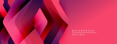 Soyut geometrik şekiller örtüşüyor, canlı pembe, mor renkler yaratıyor. Modern tasarım teknoloji, yenilik, dinamik görseller öneriyor.