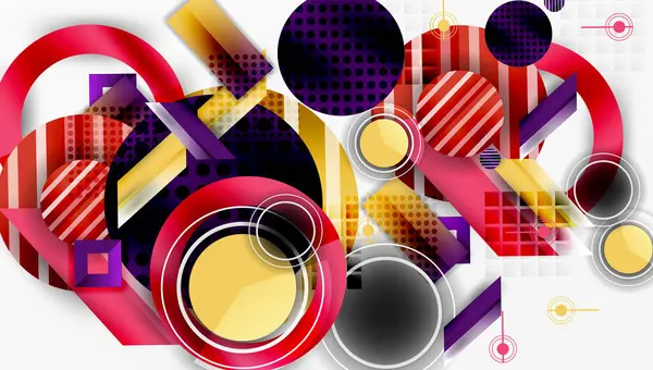 Soyut kompozisyon. Geometrik şekiller örtüşür, dinamik görsel doku yaratır. Kırmızı, sarı, mor baskın tasarım. Modern estetik.