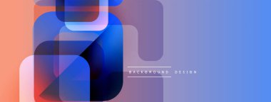 Soyut geometrik şekiller örtüşüyor, canlı renk eğimleri yaratıyor. Tasarım mavi, mor, turuncu renklere sahiptir. Modern estetik.