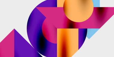 Soyut geometrik şekiller canlı renkleri harmanlarlar. Pembe, mor, turuncu renkler siyah arkaplana hakim. Modern tasarım, dinamik kompozisyon.