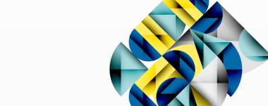 Soyut geometrik şekiller, mavi, sarı, gri renkler. Minimalist tasarım, temiz çizgiler, modern estetik. Kompozisyon sağ tarafa odaklanır.