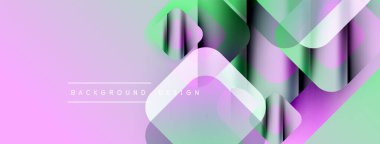 Soyut geometrik şekiller örtüşür, canlı gradyanlar yaratır. Mor, yeşil renkler tasarıma hakim, modern estetik.
