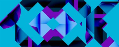 Soyut geometrik desen. Canlı turkuaz, mor renkler dinamik kompozisyon yaratır. Şekiller örtüşüyor, derinlik ve hareket olduğunu gösteriyor. Modern tasarım.