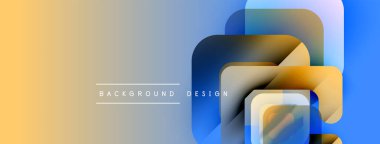 Soyut geometrik şekiller çakışıyor. Sıcak sarı, serin mavi gradyanlara karışıyor. Metin elemanları mevcut olan minimalist tasarım.