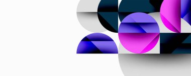 Üst üste binen daireler, yarı daireler, kareler içeren soyut bir kompozisyon. Renkler arasında mor, pembe, deniz mavisi, beyaz, gri yer alıyor. Minimalist tasarım.