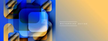 Soyut geometrik şekiller, canlı mavi tonlar sıcak turuncu gradyan ile harmanlanır. Dijital projeler için modern tasarım ögesi.