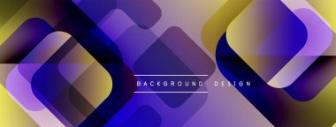 Soyut geometrik desen. Üst üste binen kareler canlı renk eğimleri yaratır, mor, sarı, mavi tonlar dizaynın baskın tonları. Modern estetik.