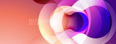Soyut tasarım özellikleri üst üste binen daireler, canlı renkler. Gradyan karışımı pembe, mor, mavi renkler. Modern, dinamik görsel kompozisyon.