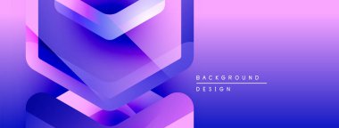 Soyut geometrik şekiller mor, mavi renkleri harmanlarlar. Modern tasarım gradyan katmanları, metin arkaplan tasarımı içerir. Minimalist estetik.