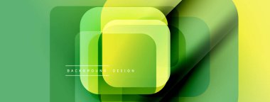 Soyut geometrik tasarım. Üst üste binen kareler parlak yeşil, sarı gradyanlar oluşturur. Dijital projeler için modern arkaplan.