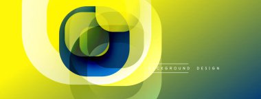 Soyut geometrik şekiller örtüşür, parlak sarı, yeşil ve mavi renkler yaratır. Modern tasarım enerji, hareket, yenilik öneriyor.