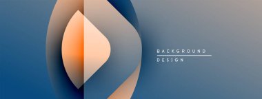 Soyut tasarım özellikleri üst üste binen turuncu, mavi şekiller. Gradyan arka plan modern görsel efekt yaratır. Minimalist kompozisyon.