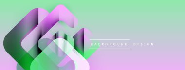 Soyut geometrik şekiller örtüşür, canlı gradyanlar yaratır. Nane yeşili, mor renkler dizaynın hakimi. Modern estetik.